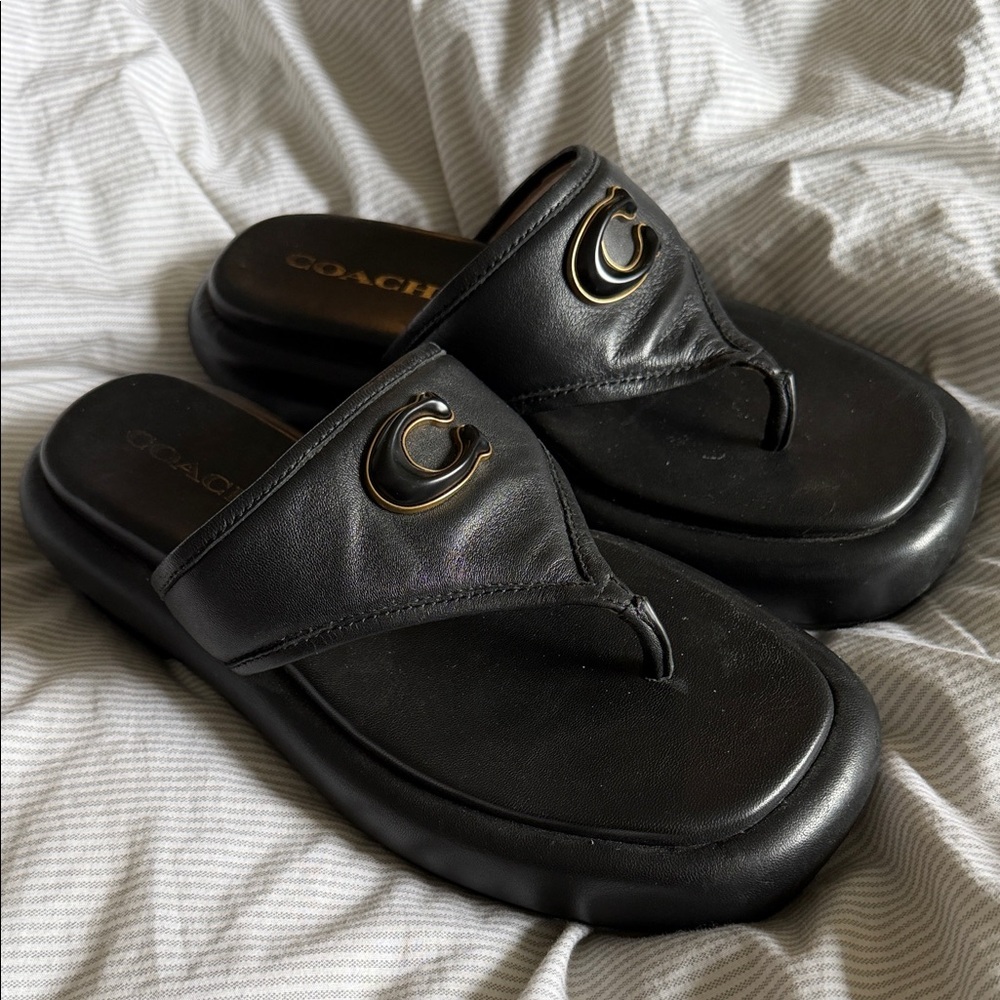 Coach Black Leather Platform Thong Sandals with Gold 'C' Hardware